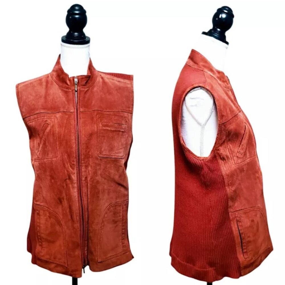 CHICO'S Vest, Burnt Orange 100% Leather Sleeveless Knit Pockets Career, 3 (XL)
